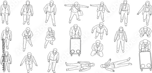 CAD Drawings. Set people outlines isolated on grey background. Sitting, walking, running. Top view. Vector illustration. 