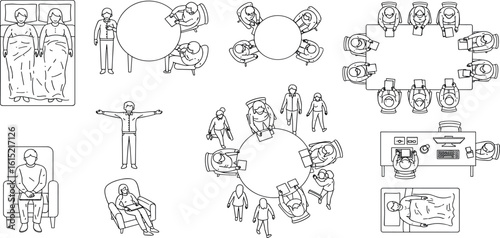 CAD Drawings. Set people outlines isolated on grey background. Sitting, walking, running. Top view. Vector illustration