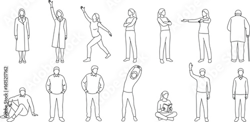 CAD Drawings. Set people outlines isolated on grey background. Sitting, walking, running. Top view. Vector illustration.