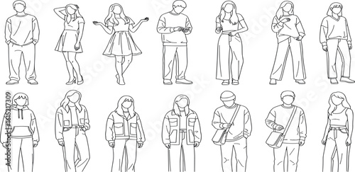 CAD Drawings. Set people outlines isolated on white background. Walking, standing etc. Vector illustration