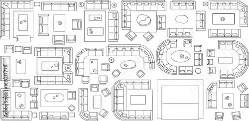 Chair outline top view. Floor plan icons set for design interior and architectural project. Furniture thin line icon in top view for layout