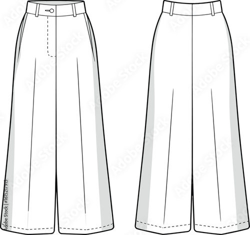 Wide leg high waist pants cad drawing, front and back view, flat vector illustration, fashion sketch, technical garment design, editable