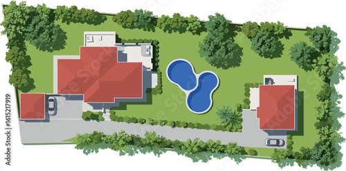  Design plan with house, courtyard, lawn and garage top view. Highly detailed plan of country with modern cottage, garden, pond, pool.
