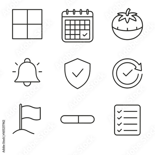 Time Management Icons. Outline style icons of Time Management Masterclass: priority matrix, schedule planner, pomodoro timer,