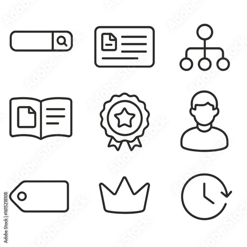 Data Catalog Icons. Outline style icons of Data Catalog Features: searchable index bar, metadata card, lineage graph, business