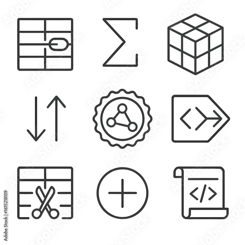 Data Transformation Icons. Outline style icons of Data Transformation Blocks: join table link, aggregate sigma sign, pivot cube,