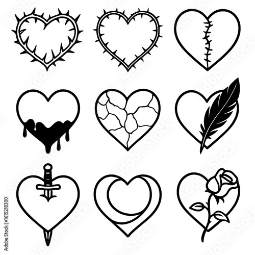 Gothic Heart Icons. Outline style icons of Gothic Black Heart Designs: thorn-wrapped heart, barbed wire heart, stitched scar heart
