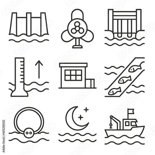 Tidal Energy Icons. Outline style icons of Tidal Energy Generator: tidal barrage wall, bulb turbine, sluice gate, sea level gauge,