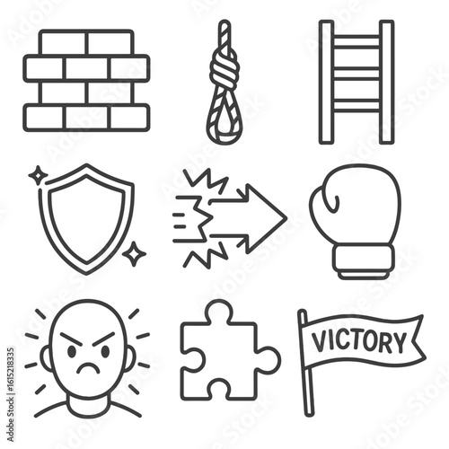 Overcoming Obstacles Icons. Outline style icons of Overcoming Obstacles: brick wall, climbing rope, ladder steps, breakthrough