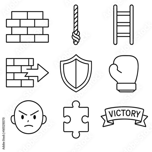Overcoming Obstacles Icons. Outline style icons of Overcoming Obstacles: brick wall, climbing rope, ladder steps, breakthrough