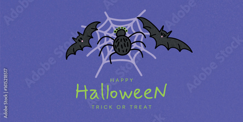 Halloween greeting card with black spider on web and two bats on purple background. Cute spooky cartoon style. Vector illustration for Halloween celebration, party, promo, ad