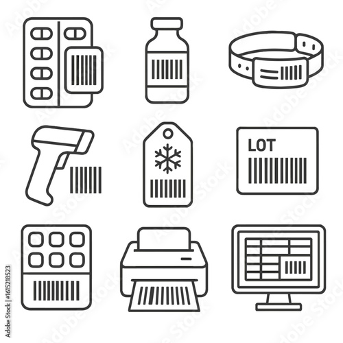 Pharmaceutical Barcode Icons. Outline style icons of Pharmaceutical Barcodes: medication blister code, vial label GS1, hospital