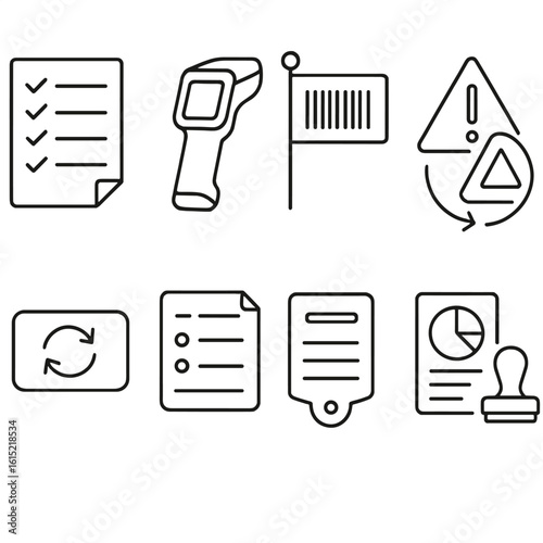 Barcode Audit Icons. Outline style icons of Barcode Inventory Audit: cycle count sheet, handheld audit scanner, barcode flag tag,