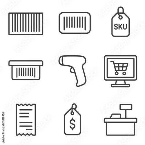 Retail Barcode Icons. Outline style icons of Retail Checkout Barcodes: UPC barcode stripe, EAN barcode label, SKU number tag,