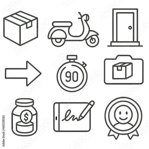 Last-Mile Delivery Icons. Line style icons of Last-Mile Courier Run: parcel box, scooter profile, doorstep icon, delivery photo