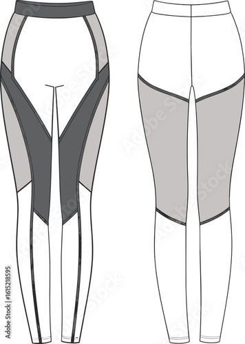 Women’s sports leggings flat sketch, front and back view, contrast panel design, tight fit, CAD vector fashion illustration