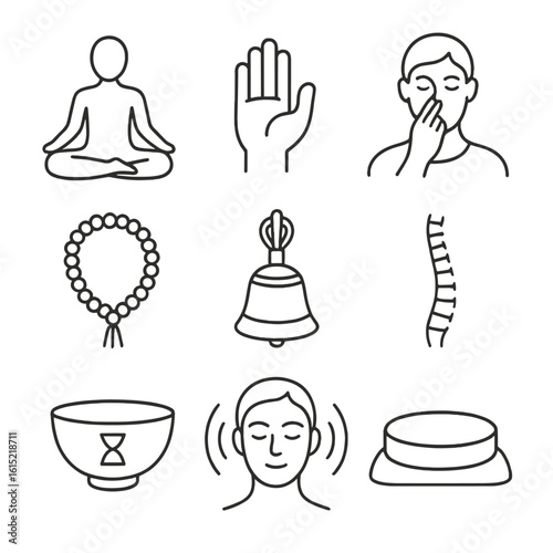 Yoga Pranayama Icons. Line style icons of Yoga Pranayama Session: lotus pose figure, mudra hand, nasal alternate clip, breathing