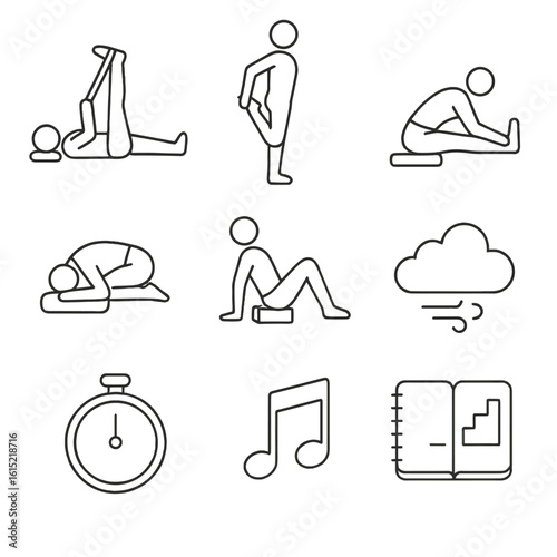 Flexibility Icon Set. Line style icons of Flexibility Cool-Down: hamstring stretch strap, quad stretch icon, seated forward bend,
