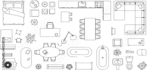 Furniture outline top view. Floor plan icons set for design interior and architectural project. Furniture thin line icon in top view for layout