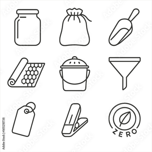 Zero-Waste Tool Icons. Line style icons of Zero-Waste Pantry Tools: glass bulk jar, cloth produce bag, stainless scoop, beeswax