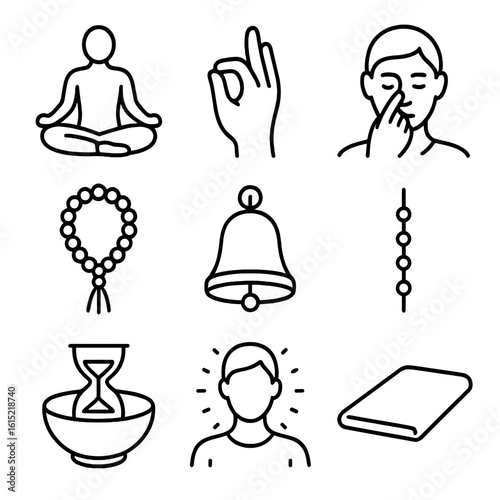 Yoga Pranayama Icons. Line style icons of Yoga Pranayama Session: lotus pose figure, mudra hand, nasal alternate clip, breathing