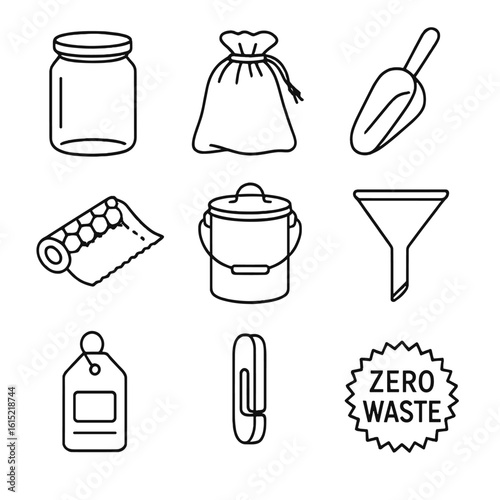 Zero-Waste Tool Icons. Line style icons of Zero-Waste Pantry Tools: glass bulk jar, cloth produce bag, stainless scoop, beeswax