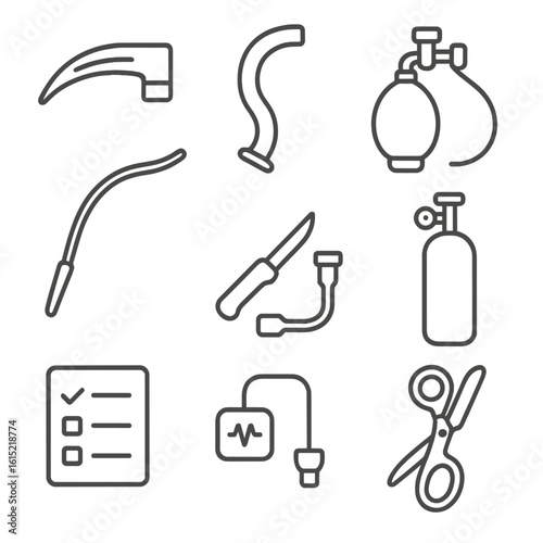 Emergency Airway Icons. Line style icons of Emergency Airway Devices: laryngoscope blade, oropharyngeal airway, bag-valve mask,