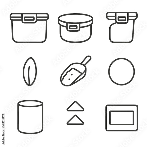 Airtight Container Icons. Line style icons of Airtight Container Set: rectangular container, round container, flip-lock lid,