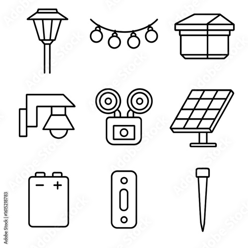 Solar Garden Light Icons. Line style icons of Solar Garden Lighting Set: path light, string fairy light, fence post cap, wall