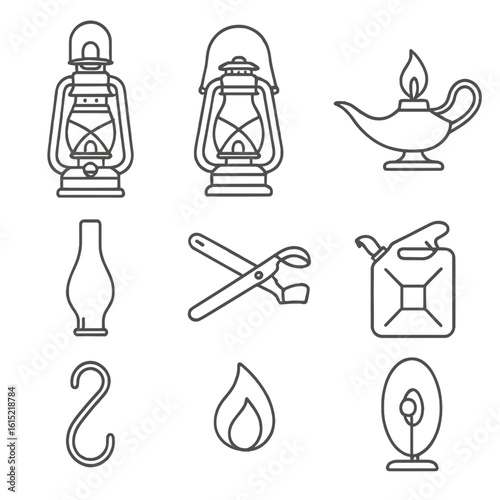 Vintage Lantern Icons. Line style icons of Vintage Lantern Collection: kerosene lantern, hurricane lantern, brass oil lamp,