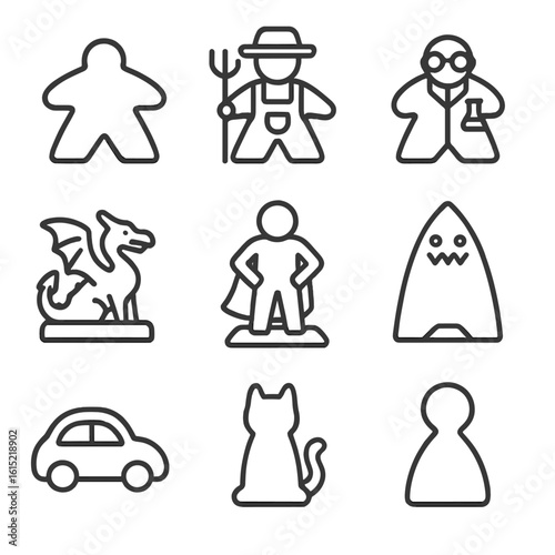 Meeples and Standees Icons. Line style icons of Meeples & Standees: classic meeple, farmer meeple, scientist meeple, dragon
