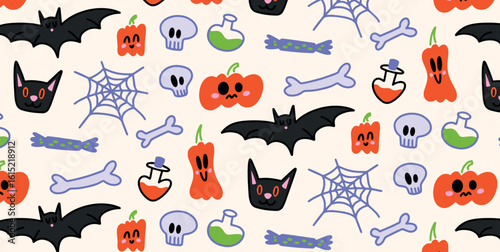 Seamless Halloween pattern with cute bats, skulls, pumpkins, spider webs, bones, potions, candies and black cats. Cartoon style. Vector illustration for wrapping paper, fabric, party, promo, banner