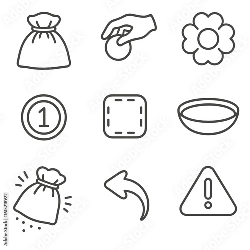 Bag-Building Icon Set. Line style icons of Bag-Building Components: cloth draw bag, random pull hand, resource chip, favor token,