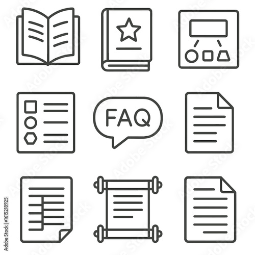 Rulebook Icon Set. Line style icons of Rulebook & Setup Aids: rulebook booklet, quickstart guide, setup diagram, components list,