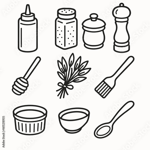 BBQ Spice Icons. Line style icons of BBQ Sauce & Seasoning Bar: squeeze sauce bottle, dry rub shaker, salt cellar, pepper mill,