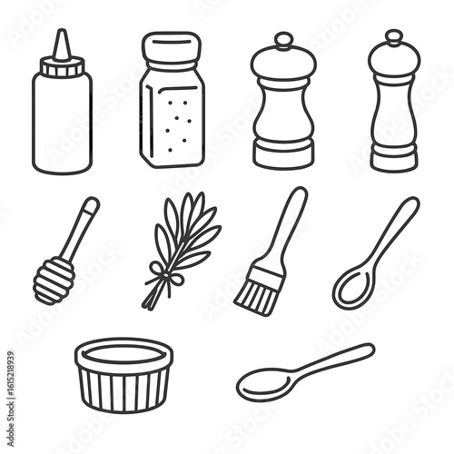 BBQ Spice Icons. Line style icons of BBQ Sauce & Seasoning Bar: squeeze sauce bottle, dry rub shaker, salt cellar, pepper mill,