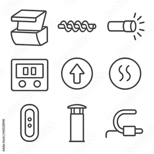 Pellet Smoker Icons. Line style icons of Pellet Smoker Controls: hopper lid, auger screw, ignition rod, digital controller screen,