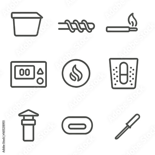 Pellet Smoker Icons. Line style icons of Pellet Smoker Controls: hopper lid, auger screw, ignition rod, digital controller screen,