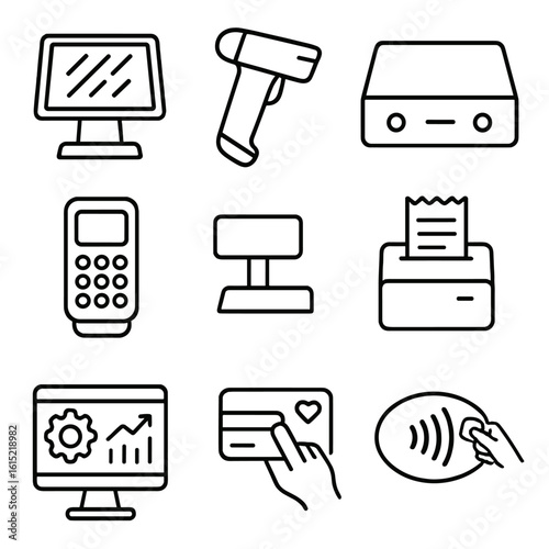 POS Checkout Icons. Line style icons of Point-of-Sale Checkout: touchscreen register, barcode scanner, cash drawer, payment