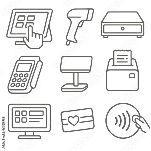 POS Checkout Icons. Line style icons of Point-of-Sale Checkout: touchscreen register, barcode scanner, cash drawer, payment