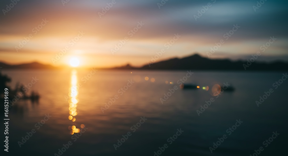 Atmospheric blurred sunset reflecting on calm water, creating a beautiful bokeh effect. Atmospheric blurred sunset reflecting on calm water, creating a beautiful bokeh effect.