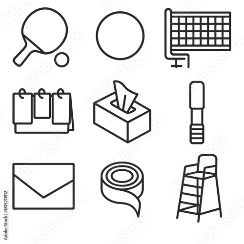 Table Tennis Essentials. Line style icons of Table Tennis Match: paddle bat, celluloid ball, net clamp, score flip board, towel
