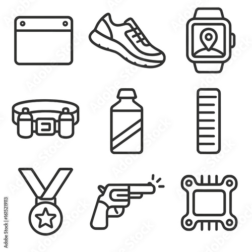 Marathon Gear Icons. Line style icons of Marathon Runner Pack: race bib, running shoe, GPS watch, hydration belt, energy gel, pace