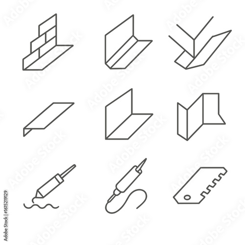 Weatherproof Flashing Icons. Line style icons of Weatherproof Flashing Set: step flashing, counter-flashing, valley flashing, drip