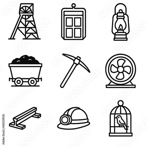 Coal Mining Icons. Line style icons of Coal Mining Operations: pithead winding gear, mine shaft cage, coal cart, carbide lamp,