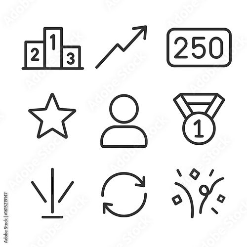 Leaderboard Icons. Line style icons of Live Leaderboard Display: podium ranks 1-2-3, ascending arrow, score digits panel, tie