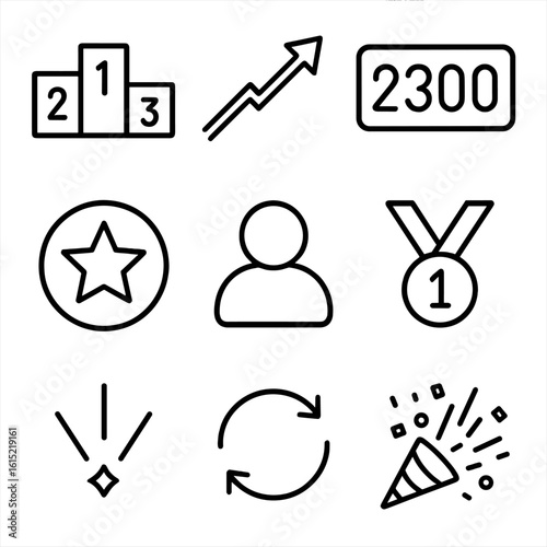 Leaderboard Icons. Line style icons of Live Leaderboard Display: podium ranks 1-2-3, ascending arrow, score digits panel, tie