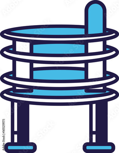 A stylized illustration of a multi-level circular structure, possibly a parking garage or observation tower.