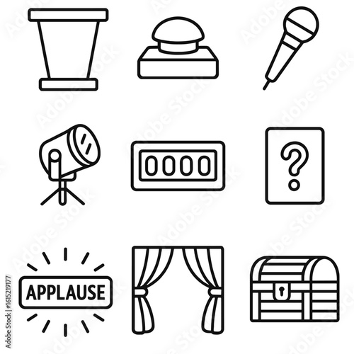 Game Show Stage Icons. Line style icons of Game Show Stage: podium desk, contestant buzzer, host microphone, rotating spotlight,