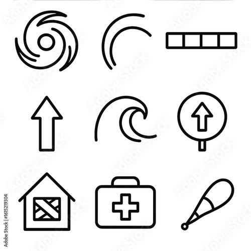 Hurricane Icons Collection. Line style icons of Tropical Hurricane System: hurricane eye spiral, outer rainband arc, category